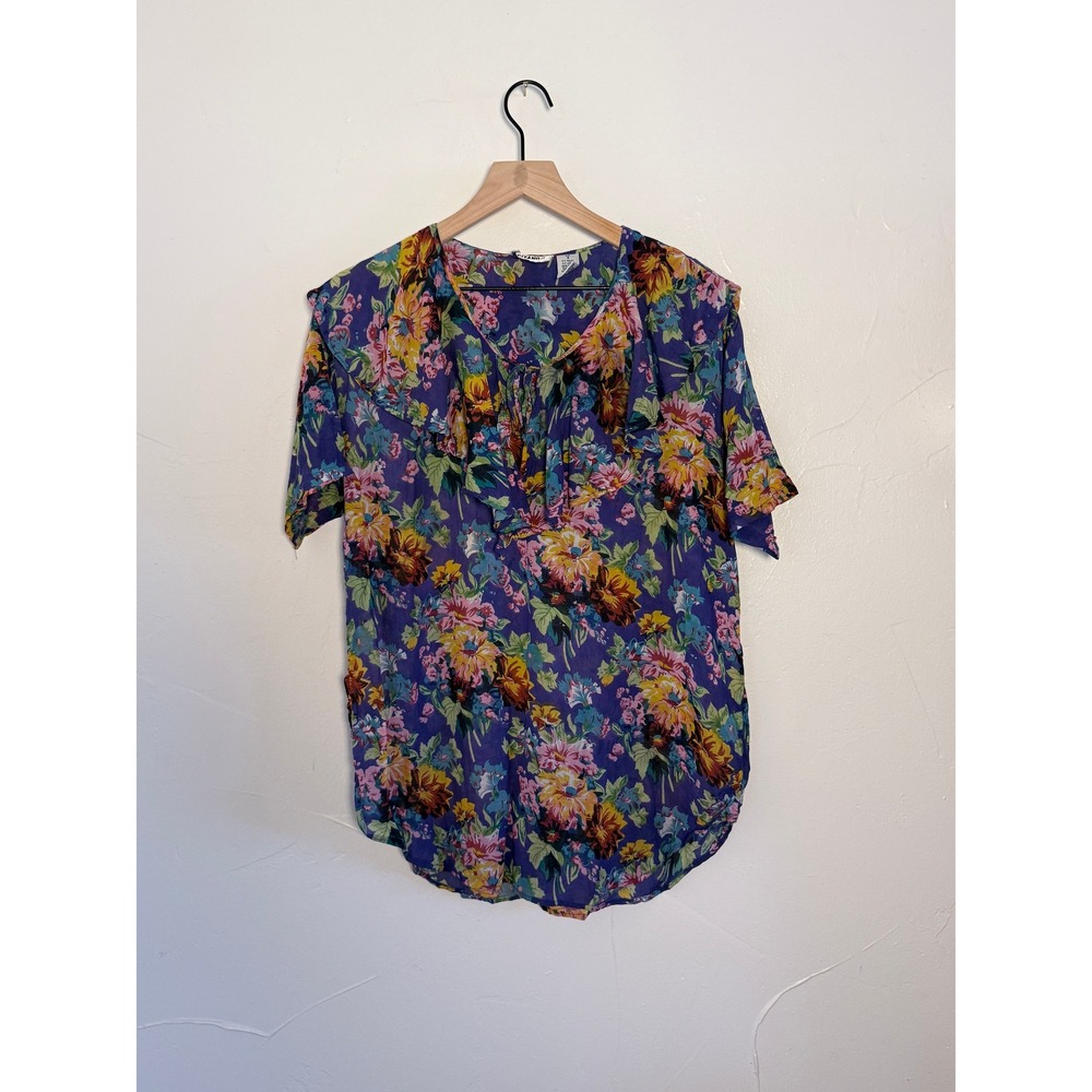 Vintage Gitano Purple Floral Ruffle Blouse M Rayon Cotton Boho 90s